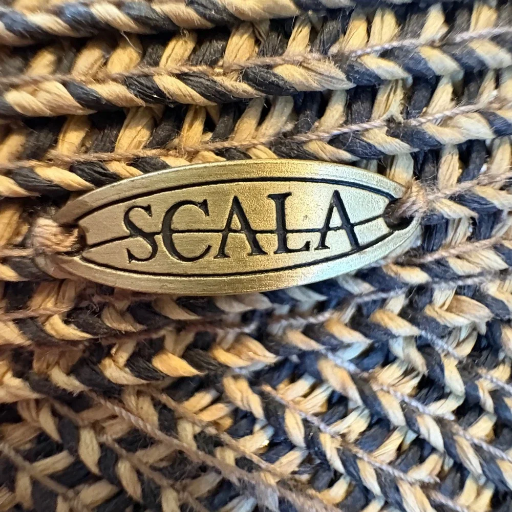 Scala Collezione Women Tan Black‎ Braided Straw Sun Visor Adjustable One Size